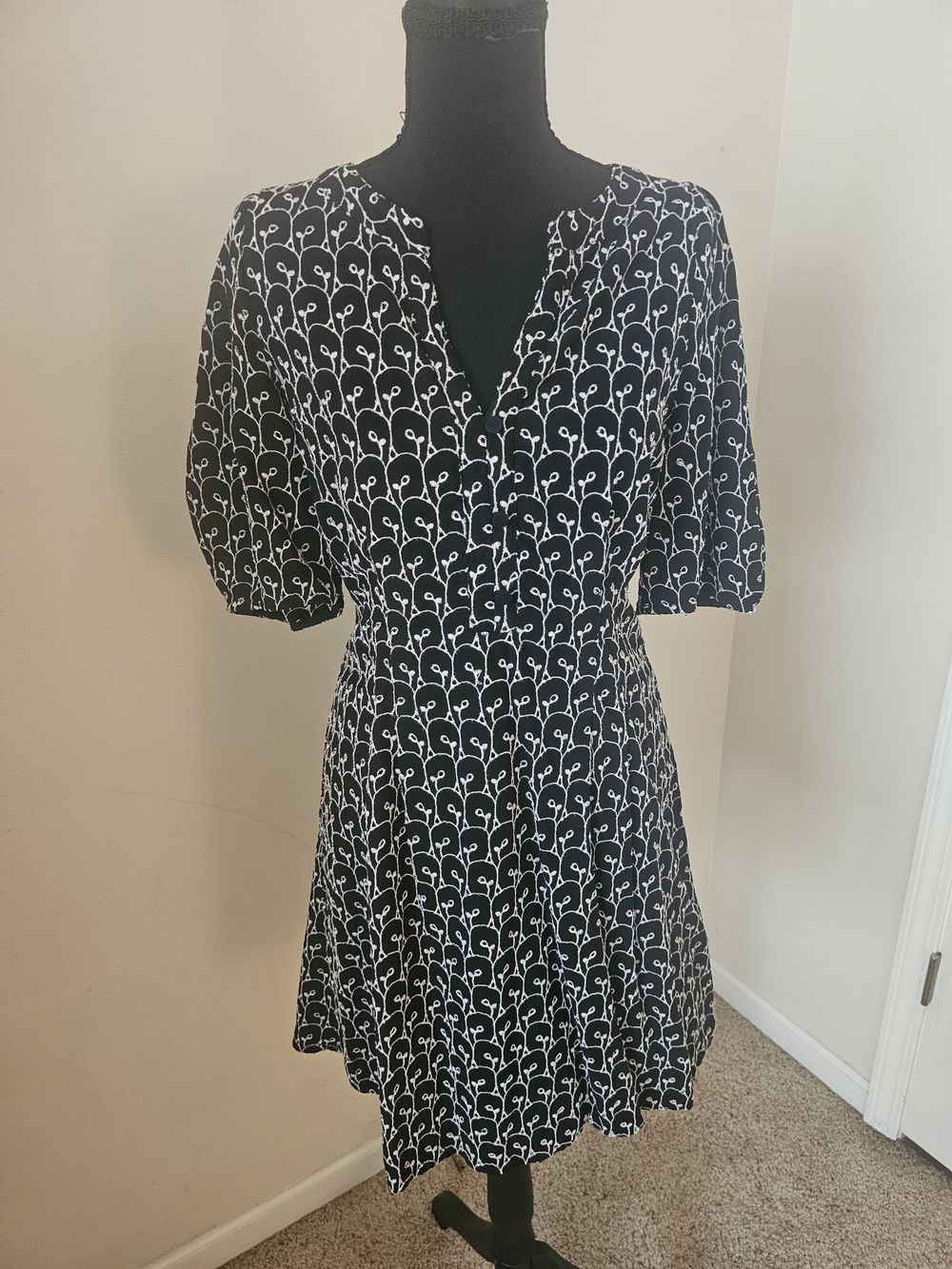 LOFT Black and White Floral-Print Midi Dress